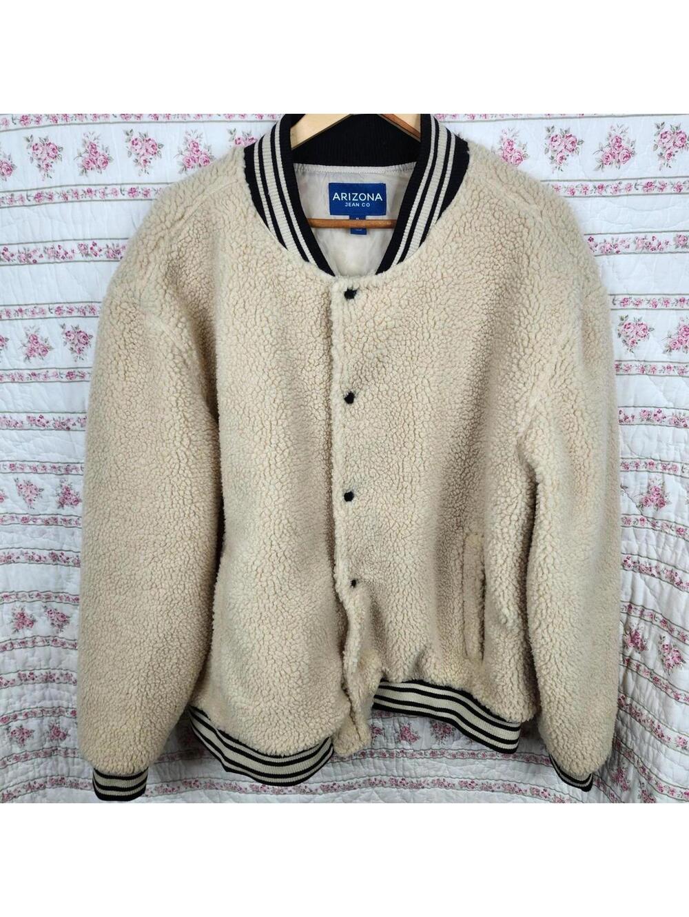 Cozy Women's Beige Fleece Bomber Jacket Striped Ribbed Trim Arizona Jean Co XL